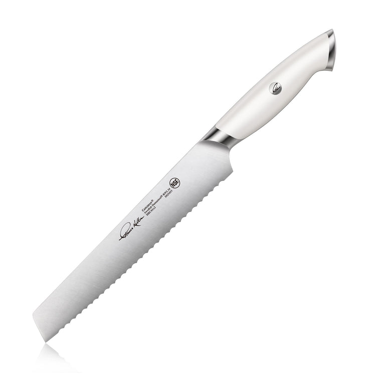 8-inch serrated bread knife with white handle and polished metal bolster and end cap.