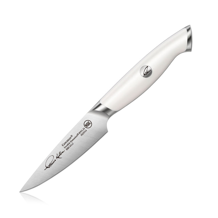 3.5-inch paring knife with white ergonomic handle and stainless steel blade featuring engraved text and logo.