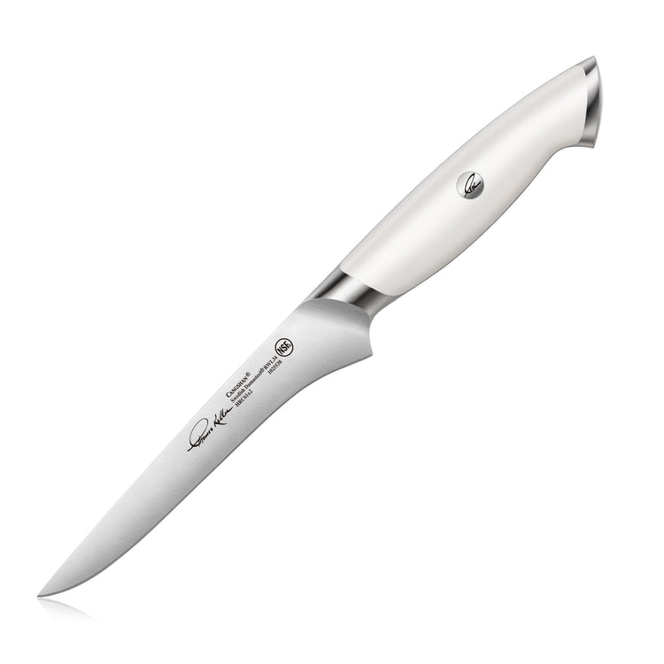 6-inch boning knife with white ergonomic handle and stainless steel blade, signed by Thomas Keller.