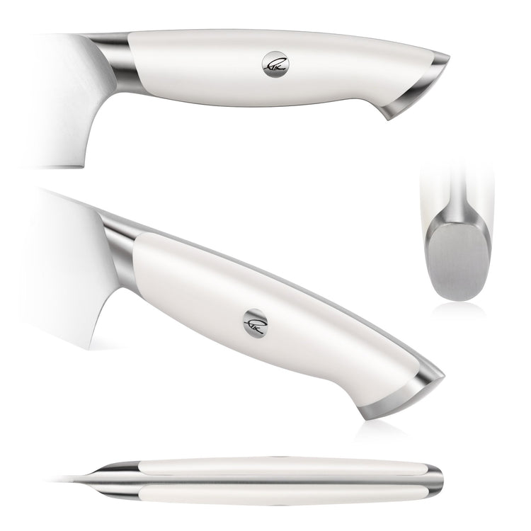 Close-up views of a white-handled knife with stainless steel accents and a logo on the handle.