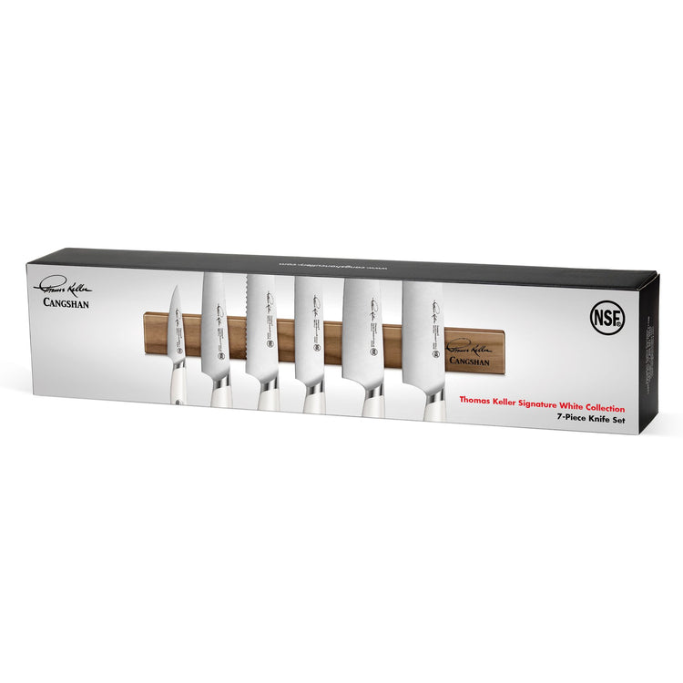 TKSC 7-piece knife set with white handles and a walnut magnetic knife bar in packaging box.