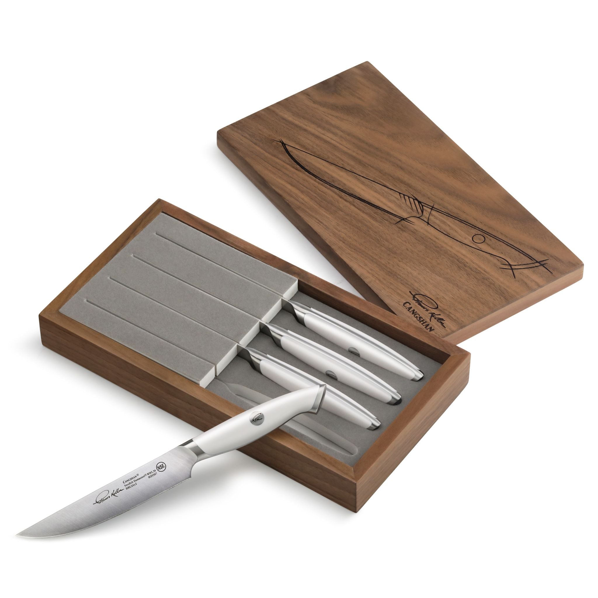 TKSC 4-Piece Fine Edge Steak Knife Set w/ Walnut Box, Forged Swedish Powder Steel, Thomas Keller Signature Collection, 1025552