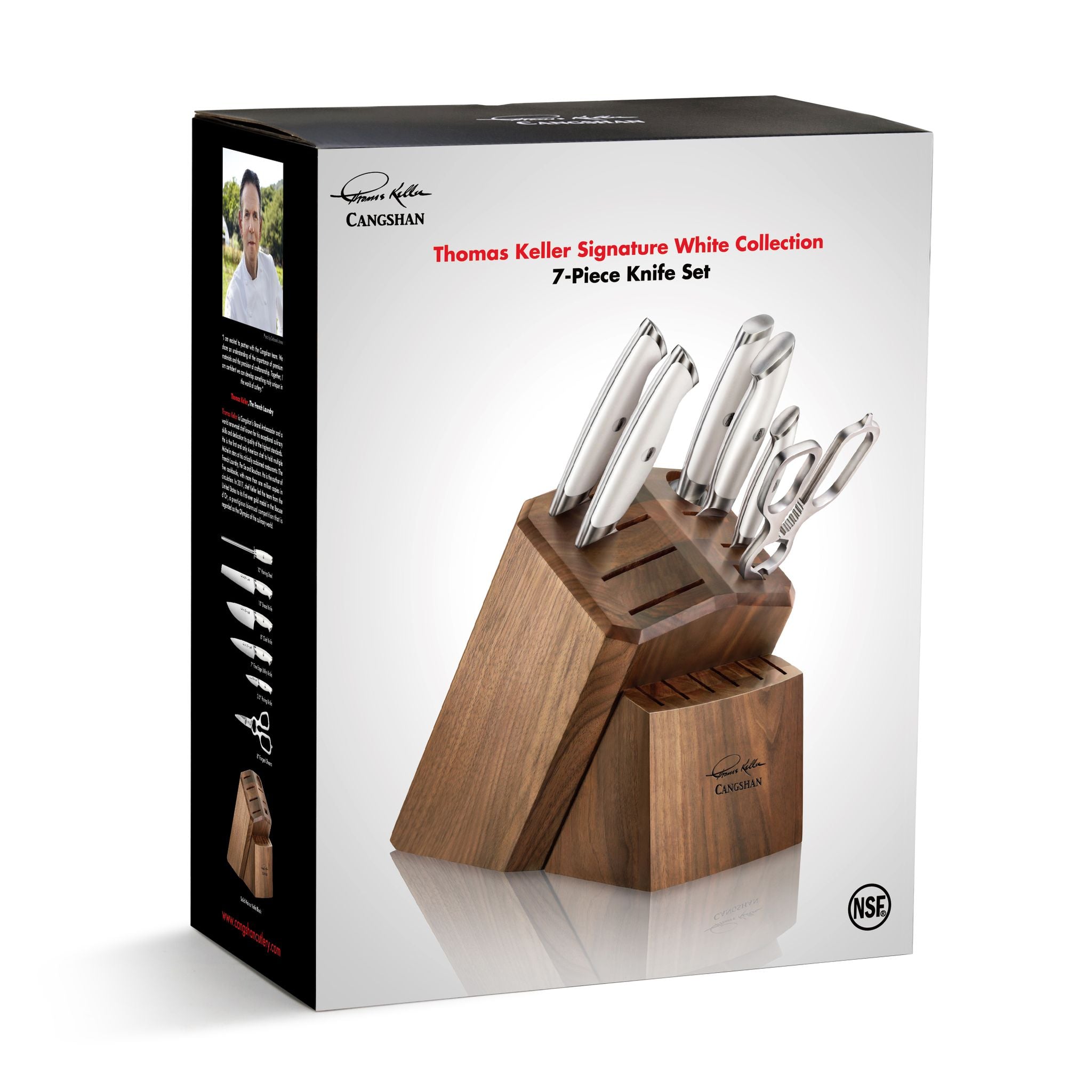 TKSC 7-Piece Knife Block Set with 8 Spare Slots, Forged Swedish Powder Steel, Walnut, Thomas Keller Signature Collection, White, 1025583