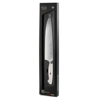 
                    
                      10-inch chef's knife with white handle in black packaging, part of Thomas Keller Signature Collection.
                    
                  