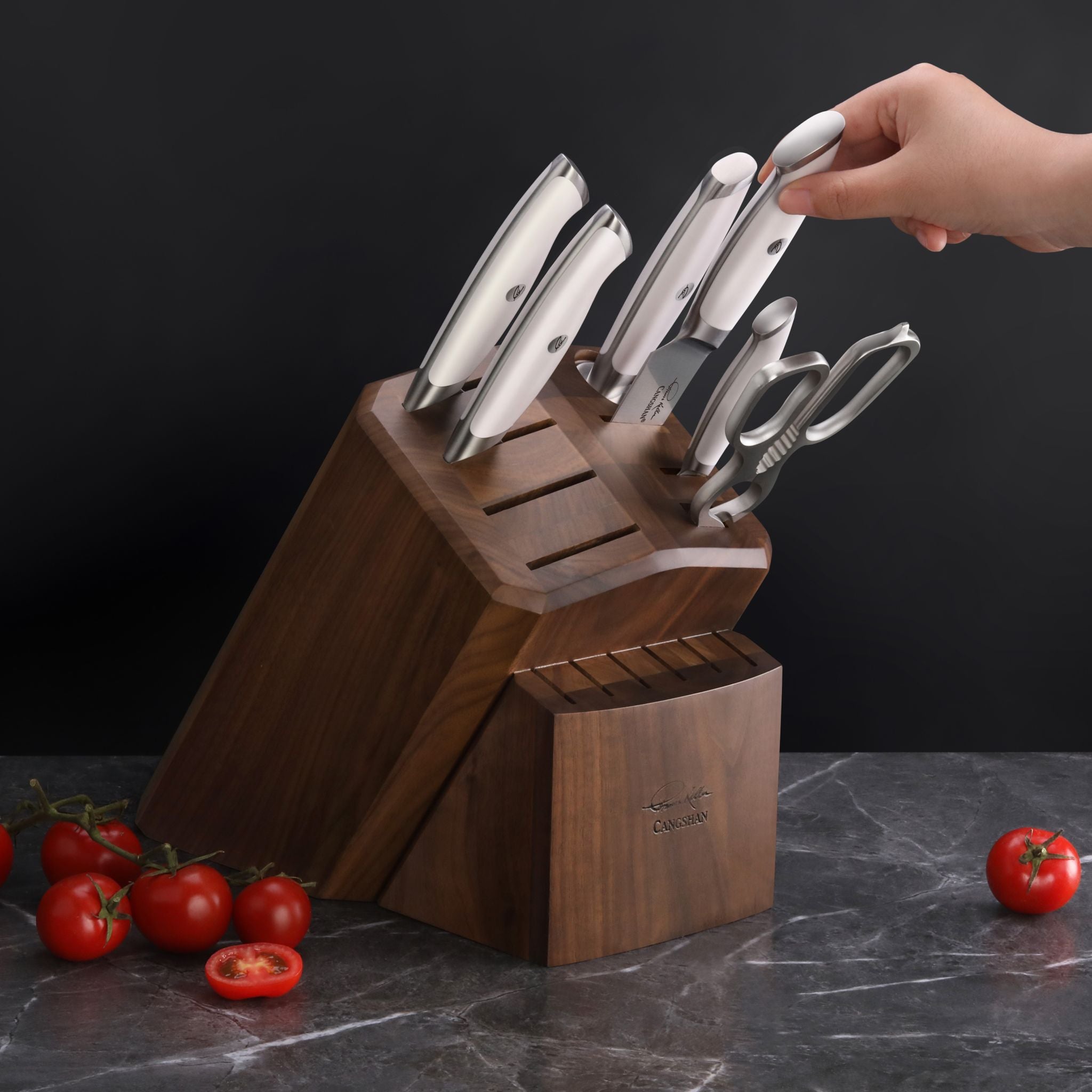 TKSC 7-Piece Knife Block Set with 8 Spare Slots, Forged Swedish Powder Steel, Walnut, Thomas Keller Signature Collection, White, 1025583