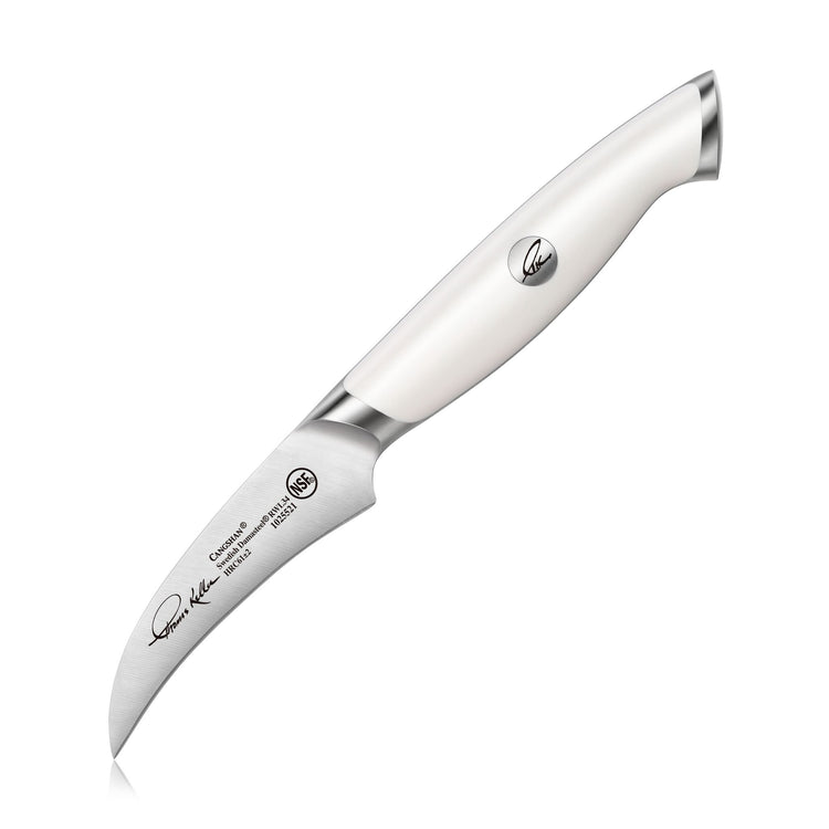 Small curved peeling knife with white ergonomic handle and stainless steel blade featuring engraved text and signature.