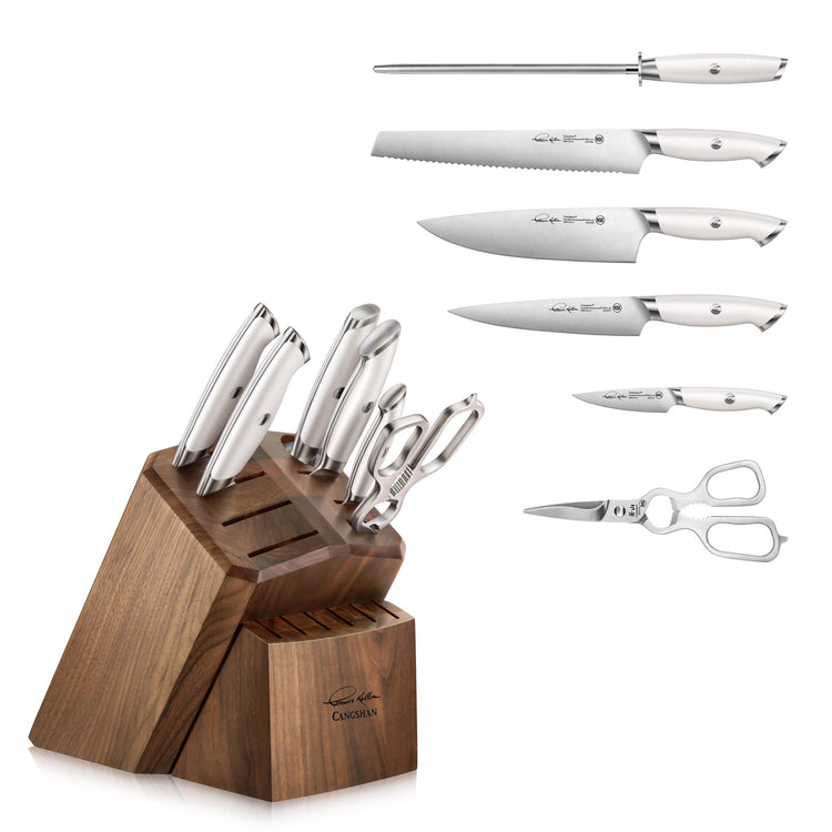 Seven-piece knife set with white handles, including sharpening steel, bread knife, chef's knife, utility knife, paring knife,