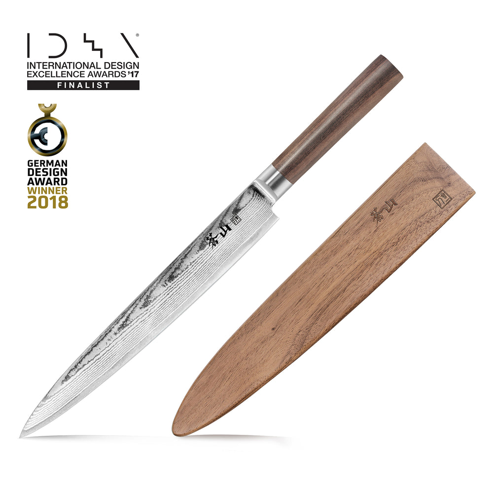 
                  
                    Load image into Gallery viewer, J Series 10-Inch Sashimi Chef Knife with Walnut Sheath, Forged X-7 Damascus Steel, 1020090
                  
                