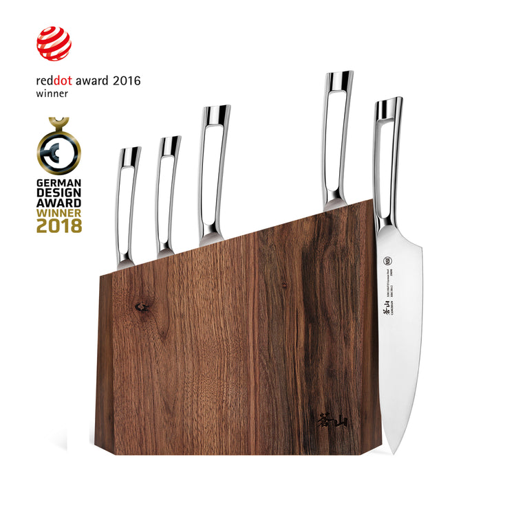 Six stainless steel knives with hollow handles in a walnut wood block, angled to show blade edges and awards logos.