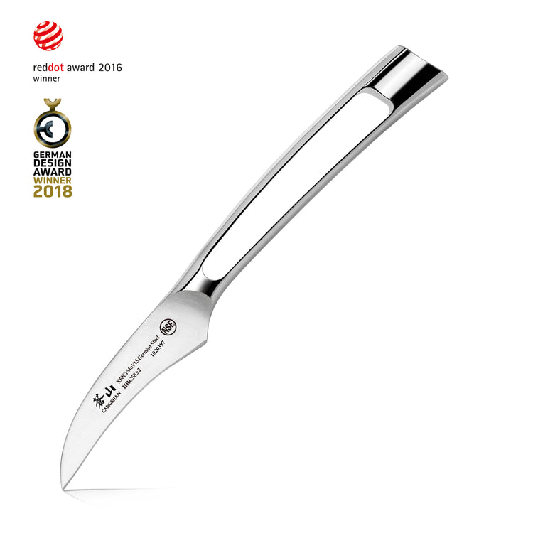 Peeling knife with curved 2.75-inch blade and hollow stainless steel handle, forged German steel, award-winning design.