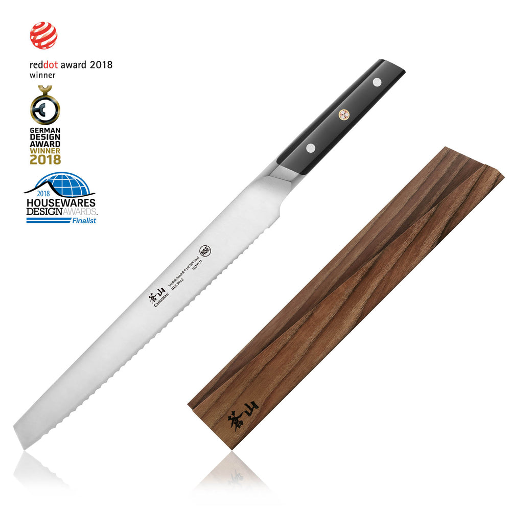 
                  
                    Load image into Gallery viewer, Cangshan TC Series 1020984 Swedish 14C28N Steel Forged 10.25-Inch Bread Knife and Wood Sheath Set
                  
                