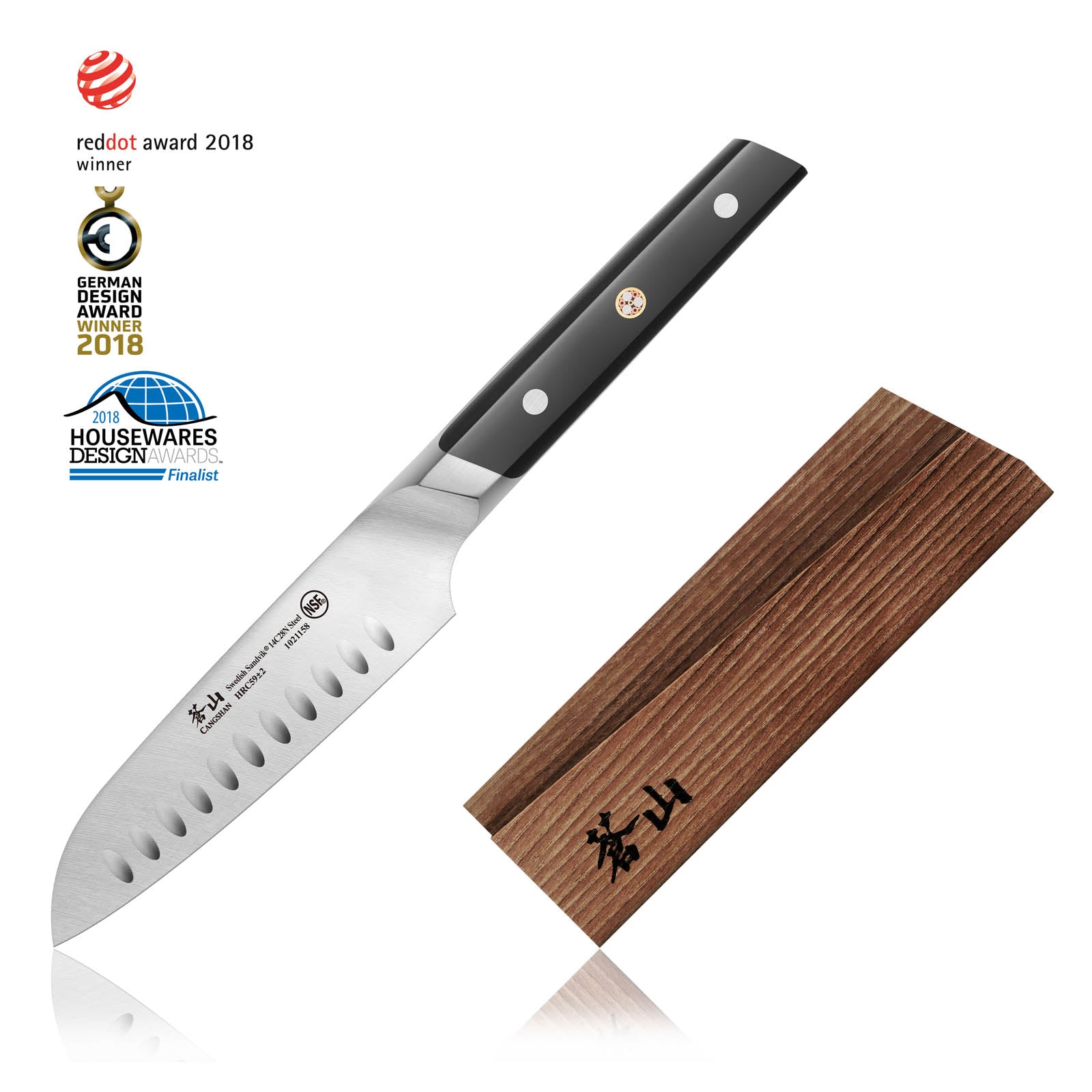 TC Series 5-Inch Santoku Knife with Ash Wood Sheath, Forged Swedish 14C28N Steel, 1021165