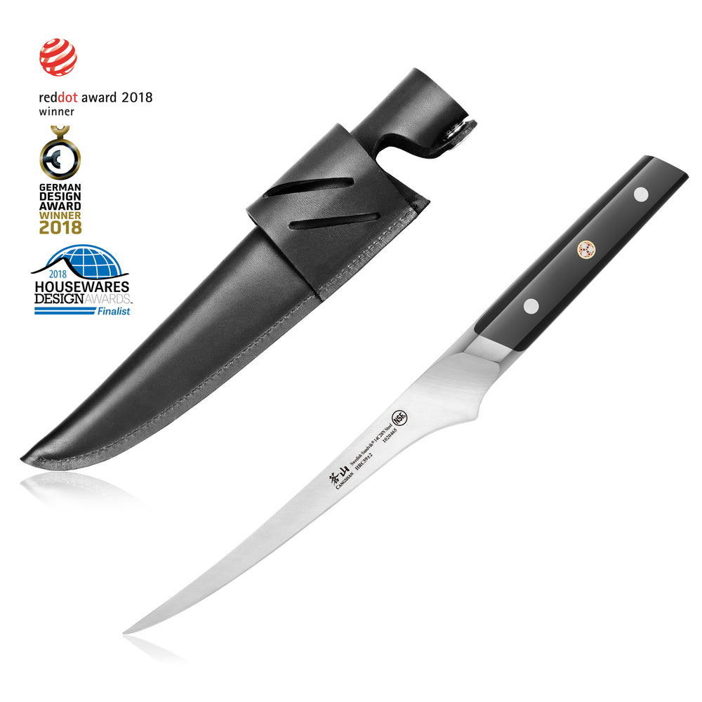 
                  
                    Load image into Gallery viewer, Cangshan TC Series 1020472 Swedish 14C28N Steel Forged 7-Inch Fillet Knife and Leather Sheath Set
                  
                